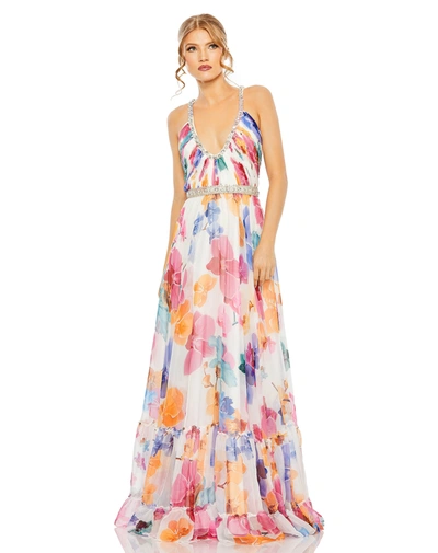 Mac Duggal Plunge Neck Embellished A Line Floral Print Gown In White Multi