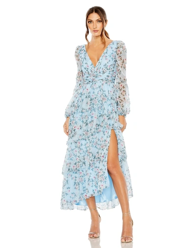 Mac Duggal Puff Sleeve Floral Printed Dress In Aqua Multi