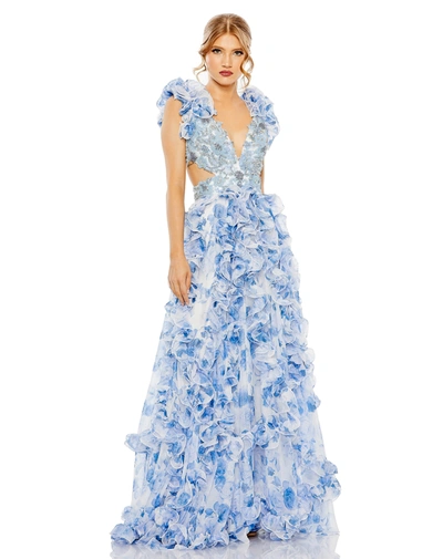 Mac Duggal Ruffle Tiered Cap Sleeve Cut Out Open Back Gown In Blue