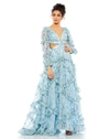 Mac Duggal Long Sleeve Ruffle Chiffon Empire Waist Gown In Powder Blue