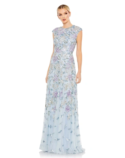 Mac Duggal Sequined High Neck A Line Gown In Ice Blue Multi
