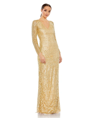 Mac Duggal Sequined Long Sleeve V Neck Beaded Fringe Gown In Gold