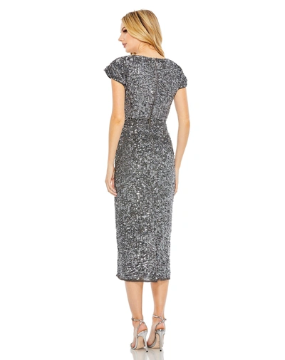 Mac Duggal Sequined Short Sleeve Wrap Over Cocktail Midi Dress In Platinum