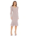 Mac Duggal Sequined V Neck Illusion Long Sleeve Trumpet Dress In Vintage Lilac