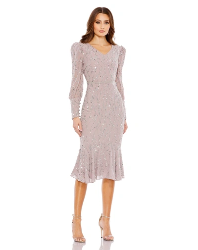 Mac Duggal Sequined V Neck Illusion Long Sleeve Trumpet Dress In Vintage Lilac