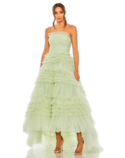 Mac Duggal Strapless Tulle Ruffle Gown In Sage