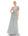 Mac Duggal Stripe Sequin V-neck Gown In Gray