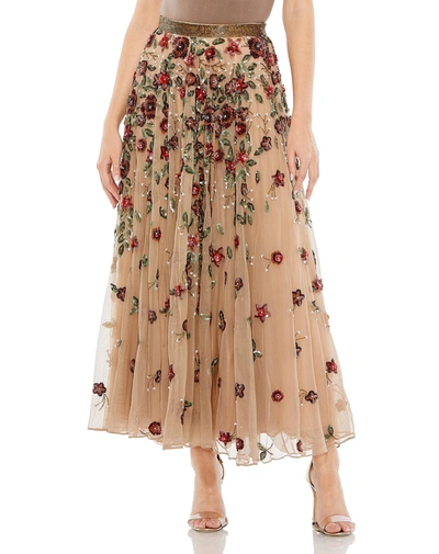 MAC DUGGAL BEIGE FLORAL BEADED LONG CHIFFON SKIRT