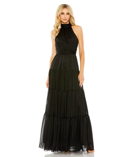 Mac Duggal Tie Neck Tiered Halter Gown In Burgundy