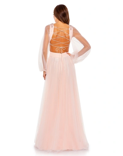 Mac Duggal Tulle Puff Sleeve Cut Out Lace Up A Line Gown In Blush