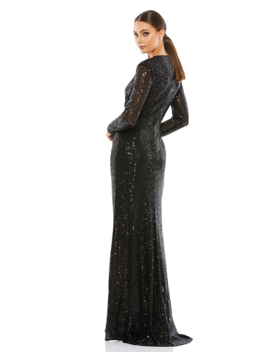 Ieena For Mac Duggal V Neck Long Sleeve Embellished Gown In Black