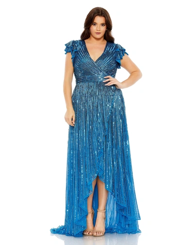 Mac Duggal V-neck Flutter Sleeve High-low Gown (plus) In Teal