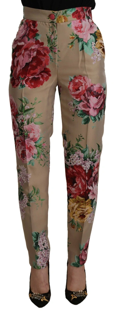 Dolce & Gabbana Beige Floral Dress Formal High Waist Trousers