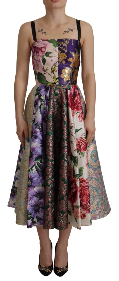 Dolce & Gabbana Pachwork Print Floral Jaquard Silk Midi  Dress In Multicolor