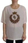 DOLCE & GABBANA DOLCE & GABBANA WHITE SILK GOLD DG CROWN CRYSTAL BLOUSE WOMEN'S TOP