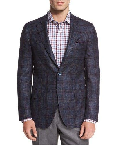 Isaia Plaid Two-button Sport Coat, Navy/brick