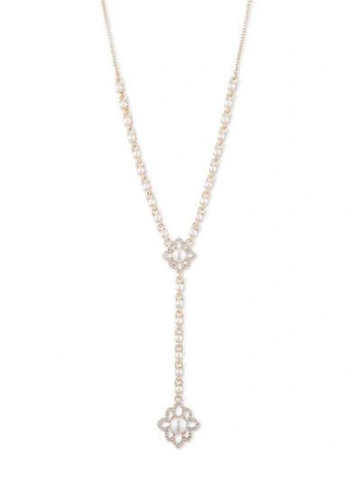Marchesa Gold-tone Pave & Imitation Pearl Flower Lariat Necklace, 16" + 3" Extender