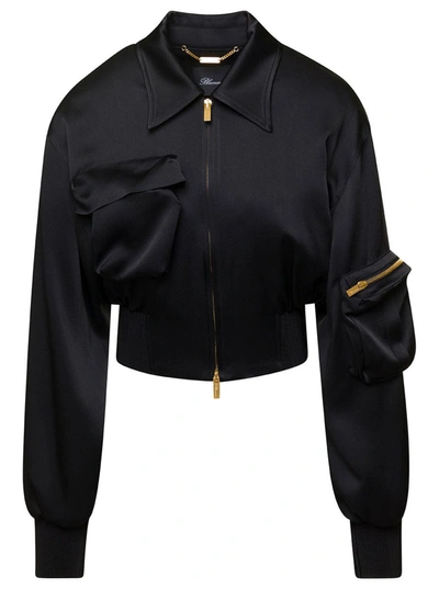 BLUMARINE BLACK CROPPED JACKET WITH MACRO PATCH POCKETS IN SATIN WOMAN