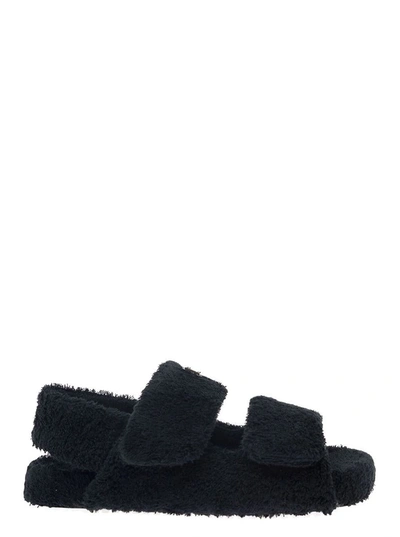 Dolce & Gabbana Terrycloth Sandals With Logo Tag In Black