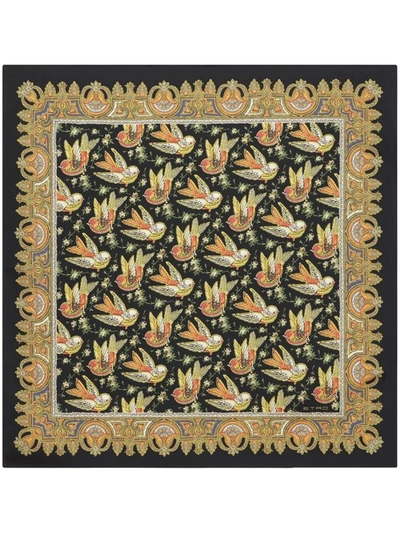 Etro Bird Print Silk Scarf In Nero