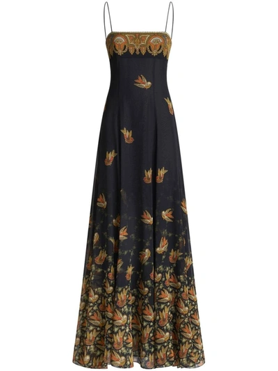 Etro Long Chiffon Dress With Birds In Black