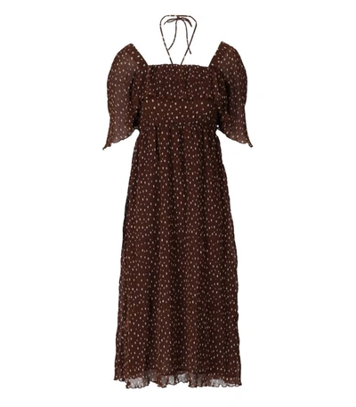 Ganni Square-neck Motif-print Dress In Brown