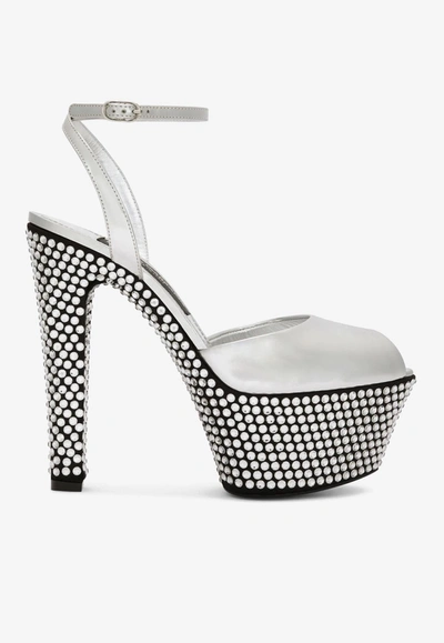 Dolce & Gabbana 90 Mirror-effect Rhinestone-embellished Platform Sandals In Metallic
