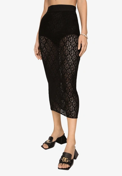 Dolce & Gabbana All-over Dg Logo Tulle Midi Skirt In Black