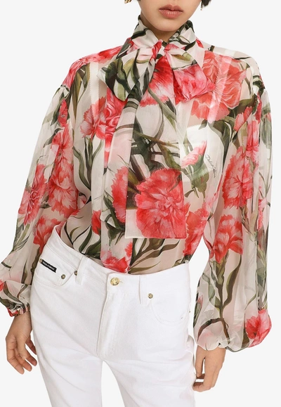 Dolce & Gabbana Carnation-print Silk Shirt In Multicolor