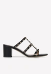 Valentino Garavani Rockstud Calfskin Leather Slide Sandal 60 Mm Woman Marine 39 In Black