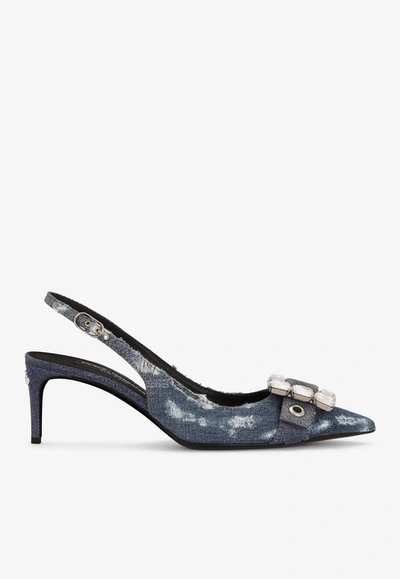 DOLCE & GABBANA 60 DENIM PATCHWORK CRYSTAL SLINGBACK PUMPS,CG0643 AY841 8H618