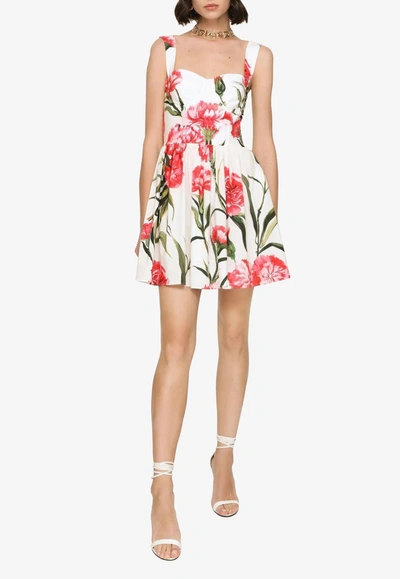 Dolce & Gabbana Carnation Print Poplin Corset Mini Dress In White,pink
