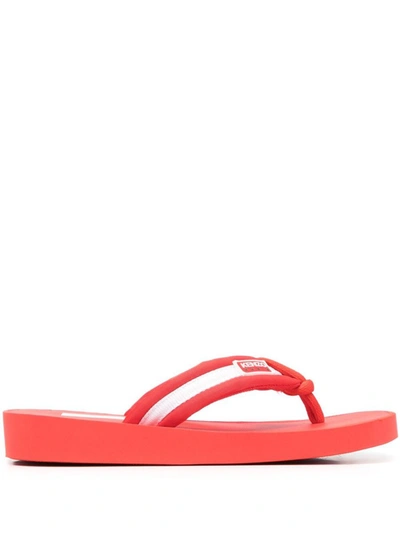 Kenzo Logo-patch Striped Flip Flops In Red