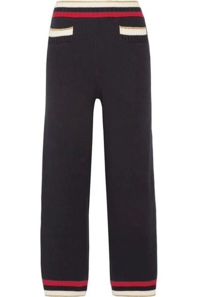 Gucci Striped Knitted Cotton-blend Straight-leg Trousers In Navy