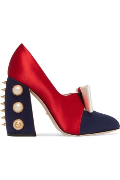 Gucci Luna Studded Block Heel Colorblock Satin Pumps In Multicolour