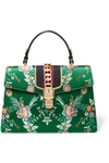 GUCCI SYLVIE LARGE CHAIN-EMBELLISHED JACQUARD AND LEATHER TOTE