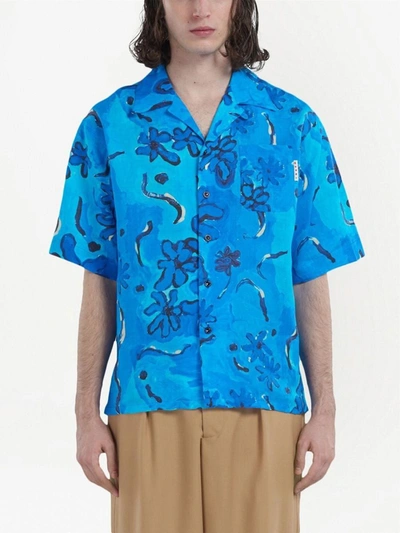 Marni Floral-print Short-sleeve Shirt In Light Blue