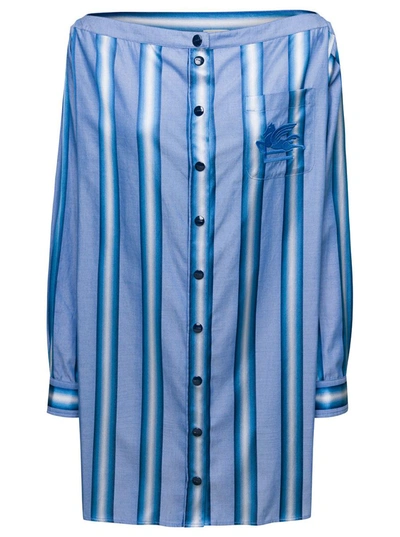 ETRO MINI LIGHT BLUE OFF-THE-SHOULDERS STRIPED SHIRT DRESS IN COTTON AND SILK WOMAN