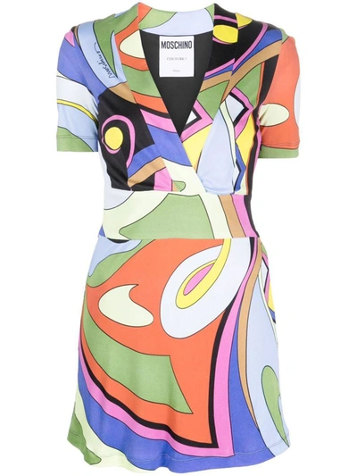 Moschino V领几何图案印花贴身连衣裙 In Multicolor
