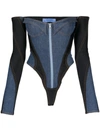 Mugler Corset Denim Bodysuit In Blue
