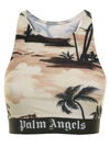 PALM ANGELS BEIGE SPORTS BRA WITH MIAMI PRINT AND ELASTIC BAND IN STRETCH FABRIC WOMAN