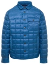 SAVE THE DUCK BLUE QUILTED DOWN JACKET WITH LOGO PATCH IN DENIM PRINTED NYLON MAN