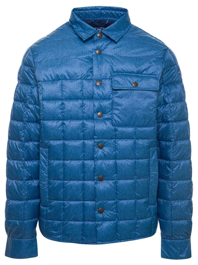 SAVE THE DUCK BLUE QUILTED DOWN JACKET WITH LOGO PATCH IN DENIM PRINTED NYLON MAN