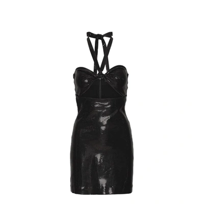 Rotate Birger Christensen Foil Jersey Halterneck Minidress In Nero