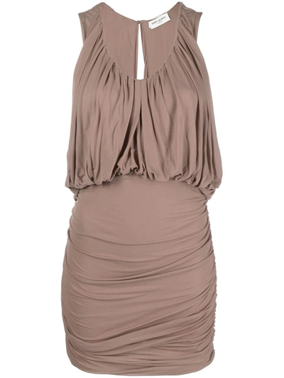 Saint Laurent Sleeveless Draped Mini Dress In Brown