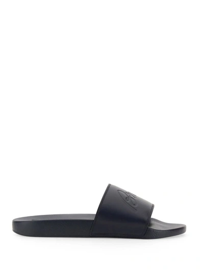 Brioni Logo-debossed Leather Slides In Blue