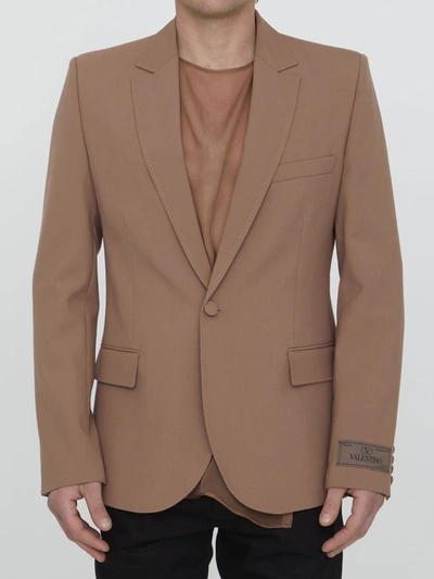 Valentino Single-breasted Wool Jacket With Maison  Tailoring Label And Chiffon Inner Bib In Light Camel