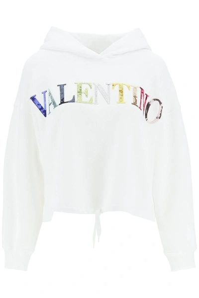 Valentino Sequin Logo Cotton Hoodie In White