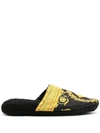 Versace Black House Slippers In Cotton And Terry With Gold Embroidered Logo On The Toe In Black