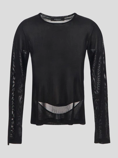 Versace Slashed Long Sleeved Knit Jumper In Black